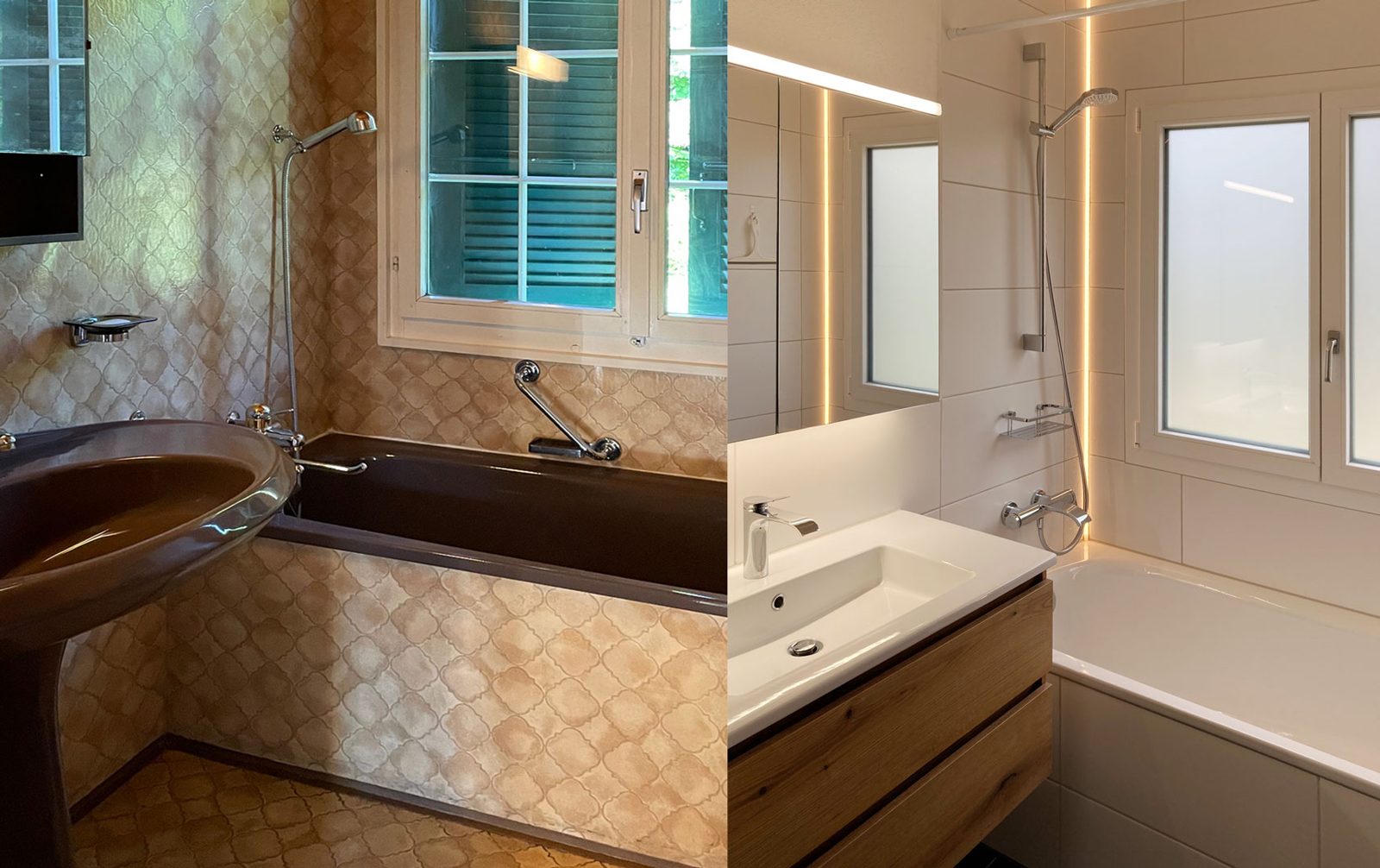 Vorher-Nachher-Vergleich: links das alte Badezimmer mit braunem Bad, rechts das renovierte Bad mit hellen Platten und LED-Licht